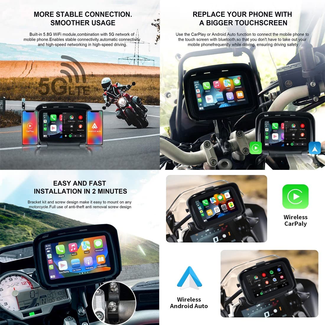 Navigatore Moto IPX7 Impermeabile 5" Touch Screen HD Carplay Wireless Android Auto Supporto