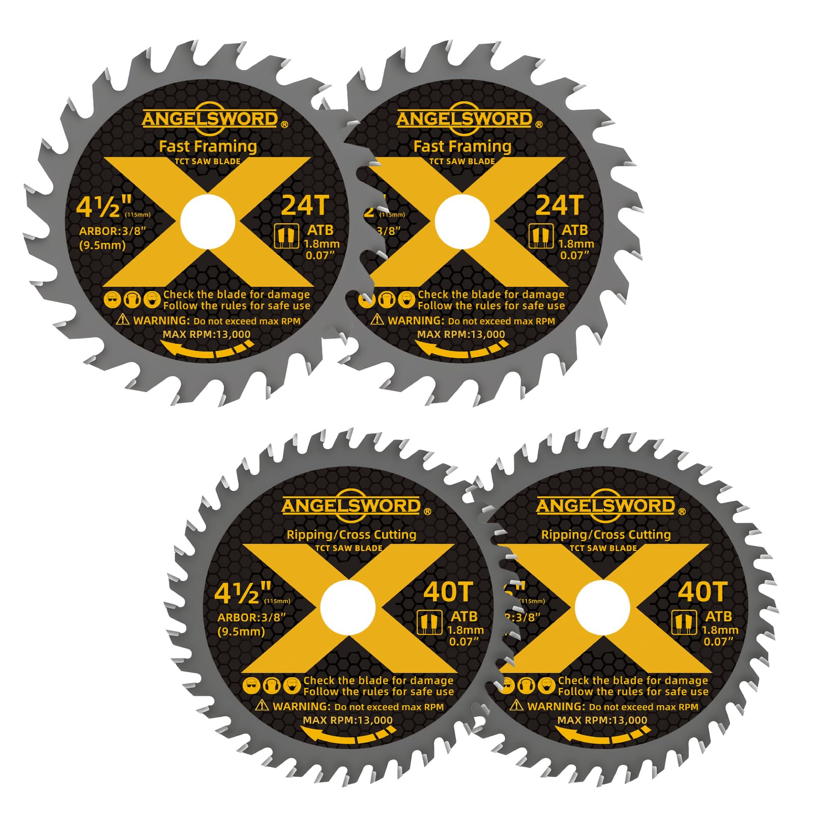 ANGELSWORD 4-1/2 Inch Circular Saw Blade, 3/8” Arbor, 24T for Framing&40T for Ripping, Cross Wood Cutting, 4 Pack