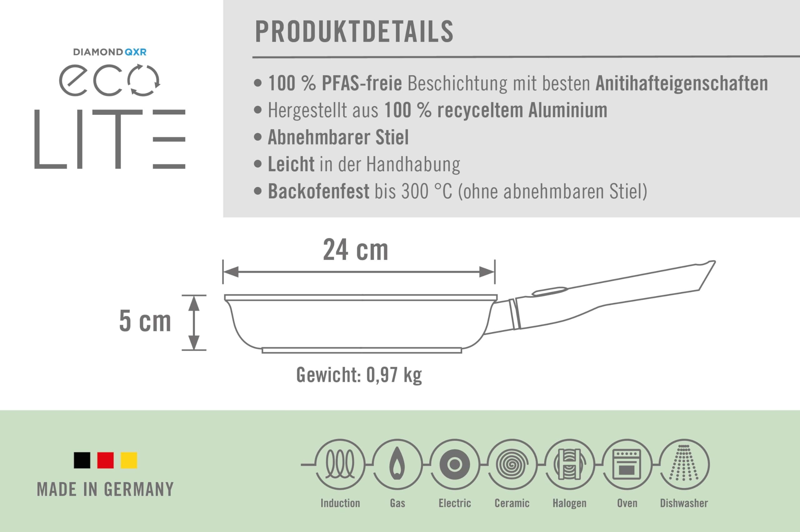 WOLL – Eco Lite QXR poêle Ø 24 cm avec manche amovible – poêle antiadhésive sans PFAS, compatible four & lave-vaisselle – poêle induction – poêle à frire