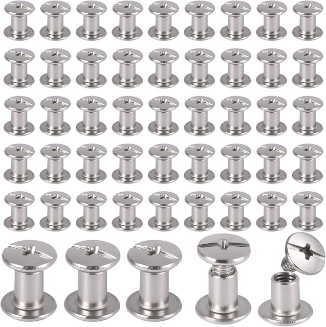 KJLEEN 50PCS Chicago Screws 5mm Book Binding Screws Chicago Binding Screws Kit Silver Nail Rivet Chicago Buttons Round Flat Head Stud Screw for Leather Belt DIY Book Scrapbook Bookbinding