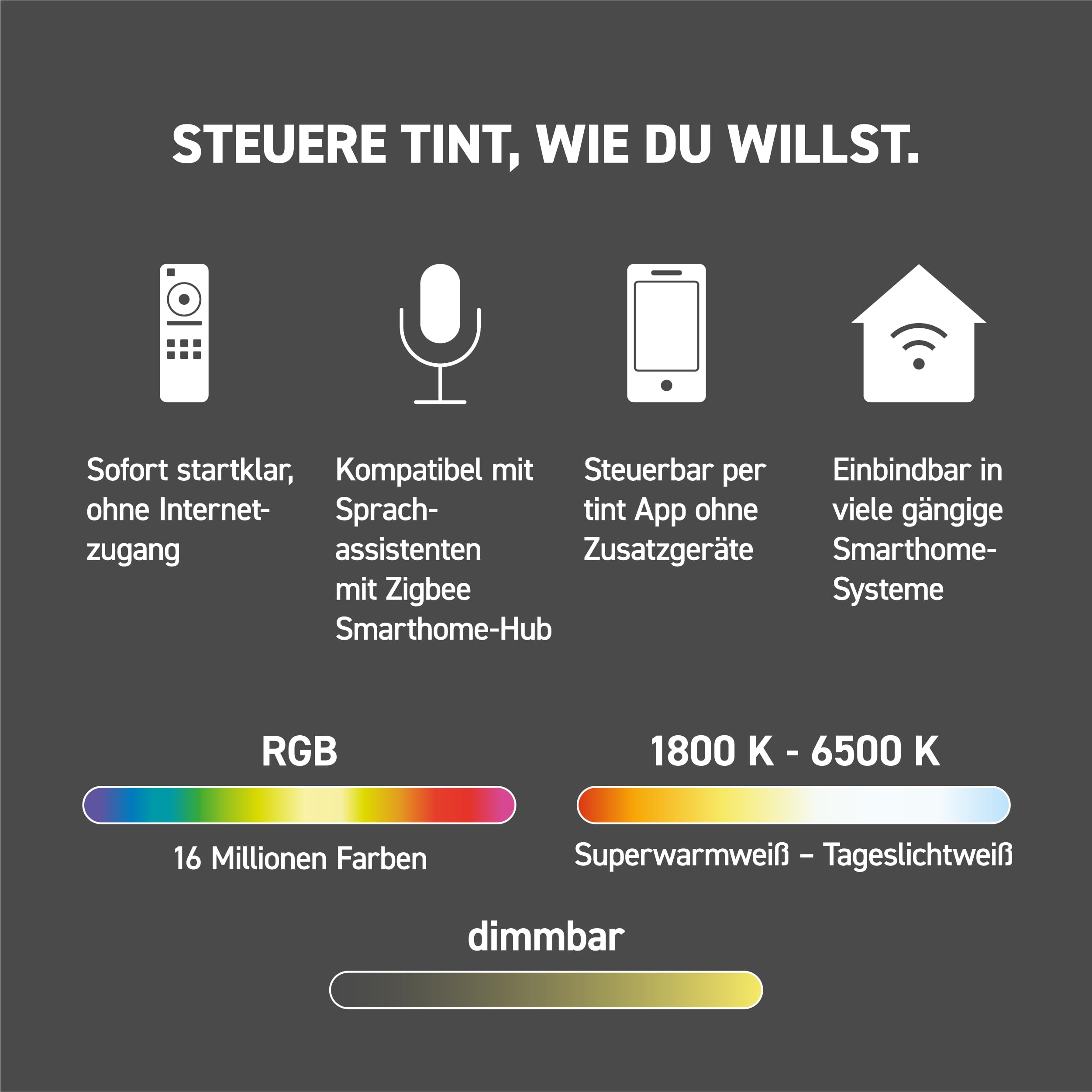 tint Smarte LED-Tischleuchte Dalia Schwarz, farbiges Licht RGB für indirekte Beleuchtung, Farbwechsel, 2,5W, 6 vorprogrammierte Lichtszenen, Bluetooth+Zigbee, funktioniert mit Alexa