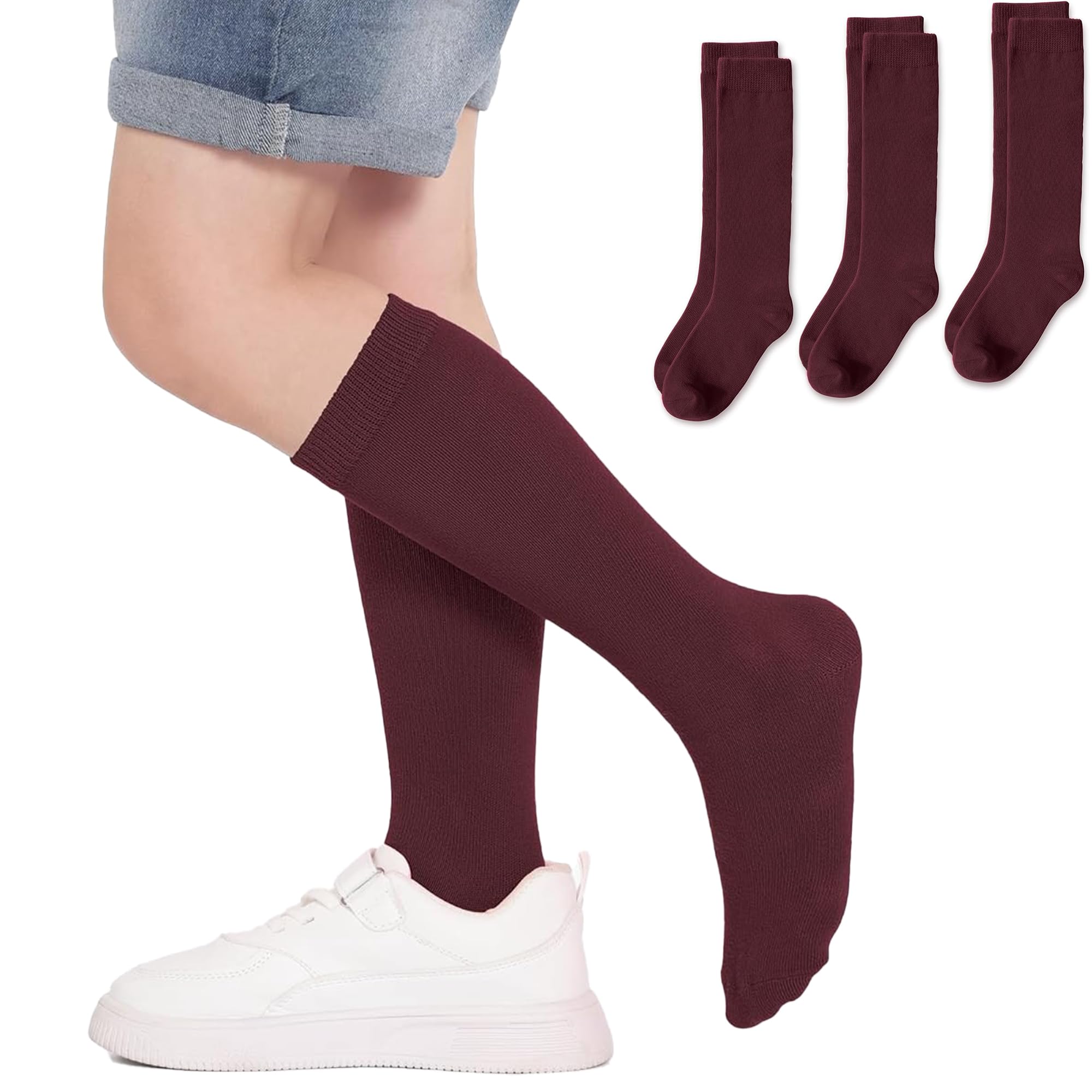 Generic Calcetines Altos Escolares para Niñas, Medias Largas de Algodón para Uniforme y Deporte, 3 pares