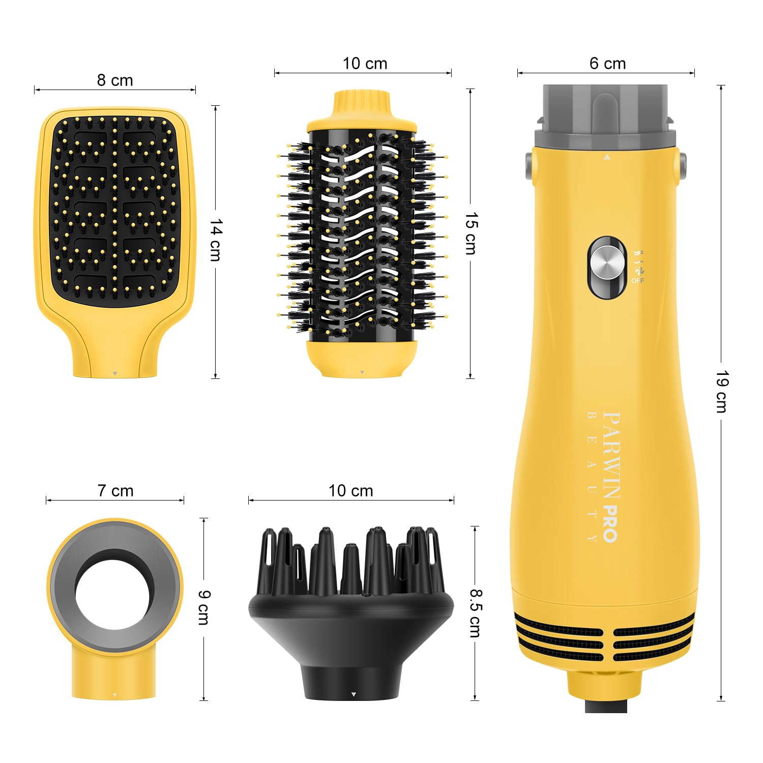 PARWIN PRO BEAUTY Zestaw szczotek do suszenia włosów 4 w 1, z 4 akcesoriami, do suszenia, wygładzania, zwiększania objętości i stylizacji, szczotka do pielęgnacji jonowej