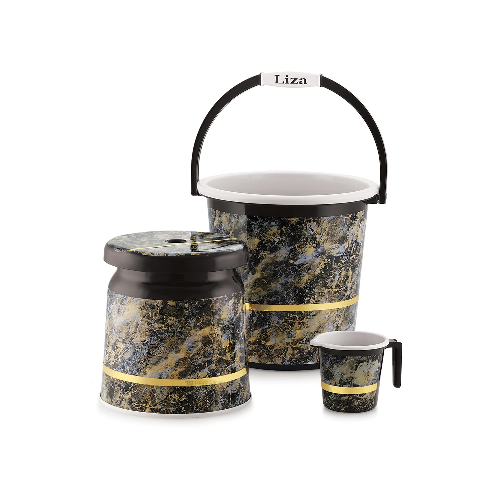 LUCIDO Orry Modern Heavy Plastic Bathroom Set of 3-20L Bucket, 1L Mug & Big Stool Combo, Black