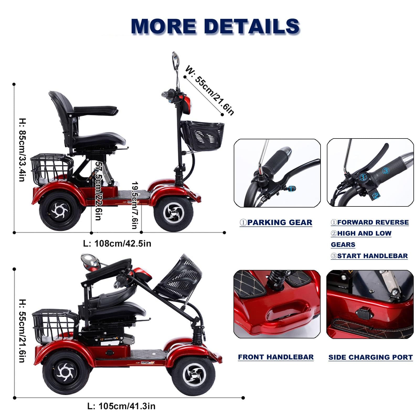Scooter de mobilité à 4 roues pour adultes avec éclairage LED complet et scooter de mobilité à deux places, capacité : 48V/20A, charge : 200kg(440lb)
