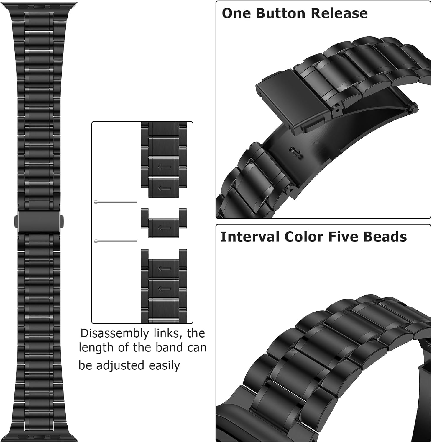 Anlinser Metal Bands Compatible with Apple Watch Band 49mm 46mm 45mm 44mm 42mm Women Men, Five-link Stainless Steel Strap for iWatch Ultra 3/2/1 SE Series 11 10 9 8 7 6-1 (Black) - Image 6