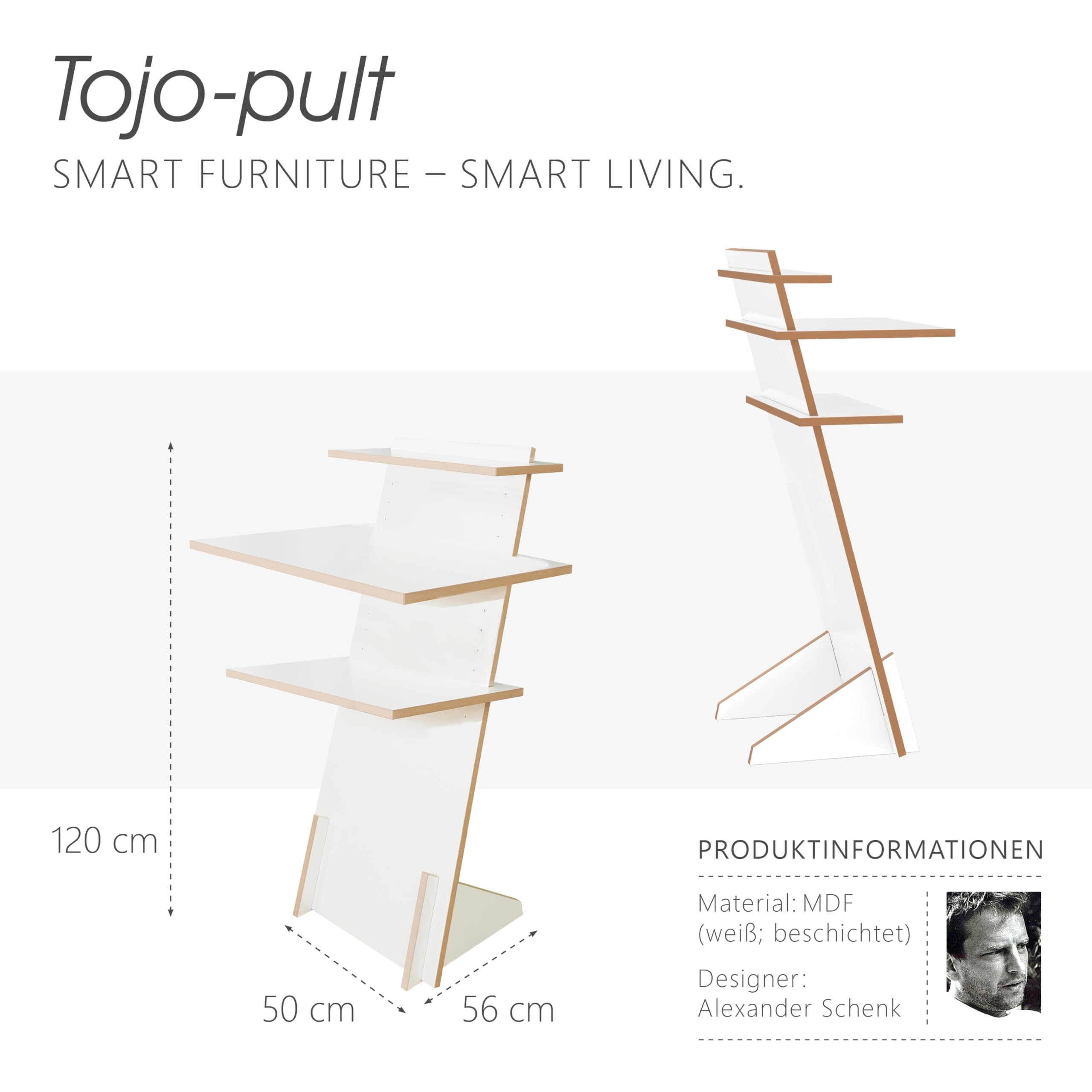 Tojo Pult Bundle | Stehpult höhenverstellbar | Auch als Sitzpult geeignet | 116 cm x 56 cm (H x B) | Farbe Weiß | Schreibpult mit verstellbaren Fächern | Holzpult zu Lesen und Schreiben | Design Pult