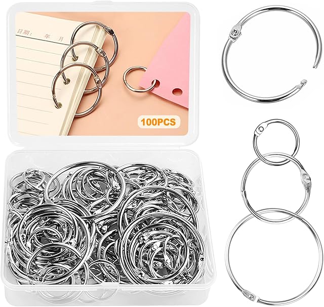 Binder Rings - 100 Assorted Metal Rings for Index Cards, Loose Leaf, and More - 1", 1.5", 2" Sizes - Pack of 100 - School, Classroom, Office Supplies
