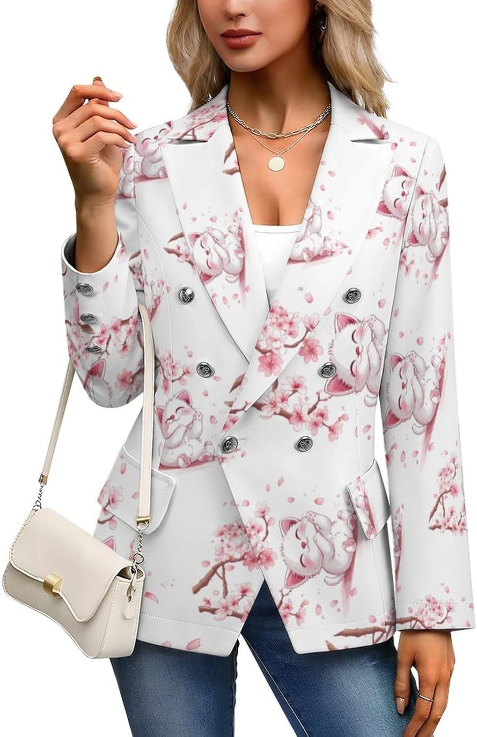 Cute Cat with Cherryflowers Women's Blazer Long Sleeve Suits Business Casual Blazers Jackets Lapel Open Front Suit