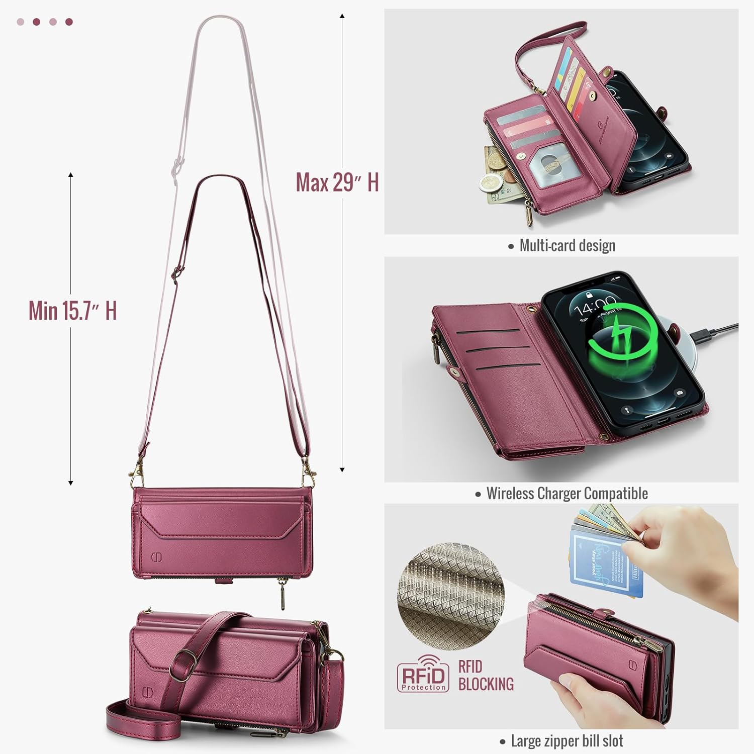 Wallet Case Compatible with iPhone 12 Pro Max RFID Blocking 10-Card Holder Soft PU Leather Magnetic Snap Shoulder Strap Zipper Pocket Phone Case Fit for iPhone 12 Pro Max - Wine Red - Image 8