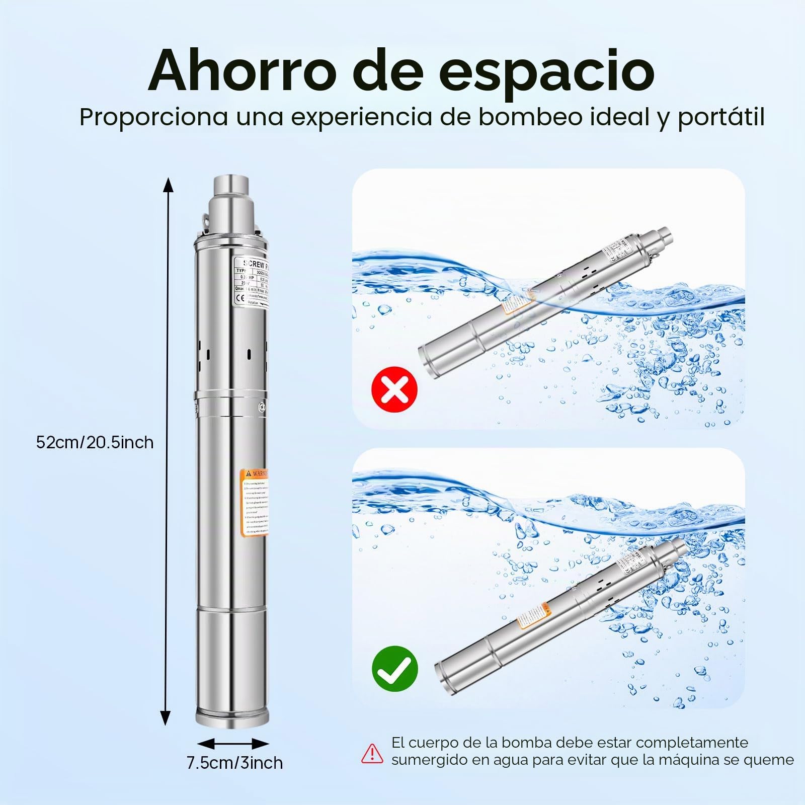 Bomba sumergible para pozos profundos de 3 pulgadas, de acero inoxidable, 250 W, con cable de 20 m, para pozos profundos, para jardín, río, bombas silenciosas, 20 dB, altura máxima 80 m, caudal máximo