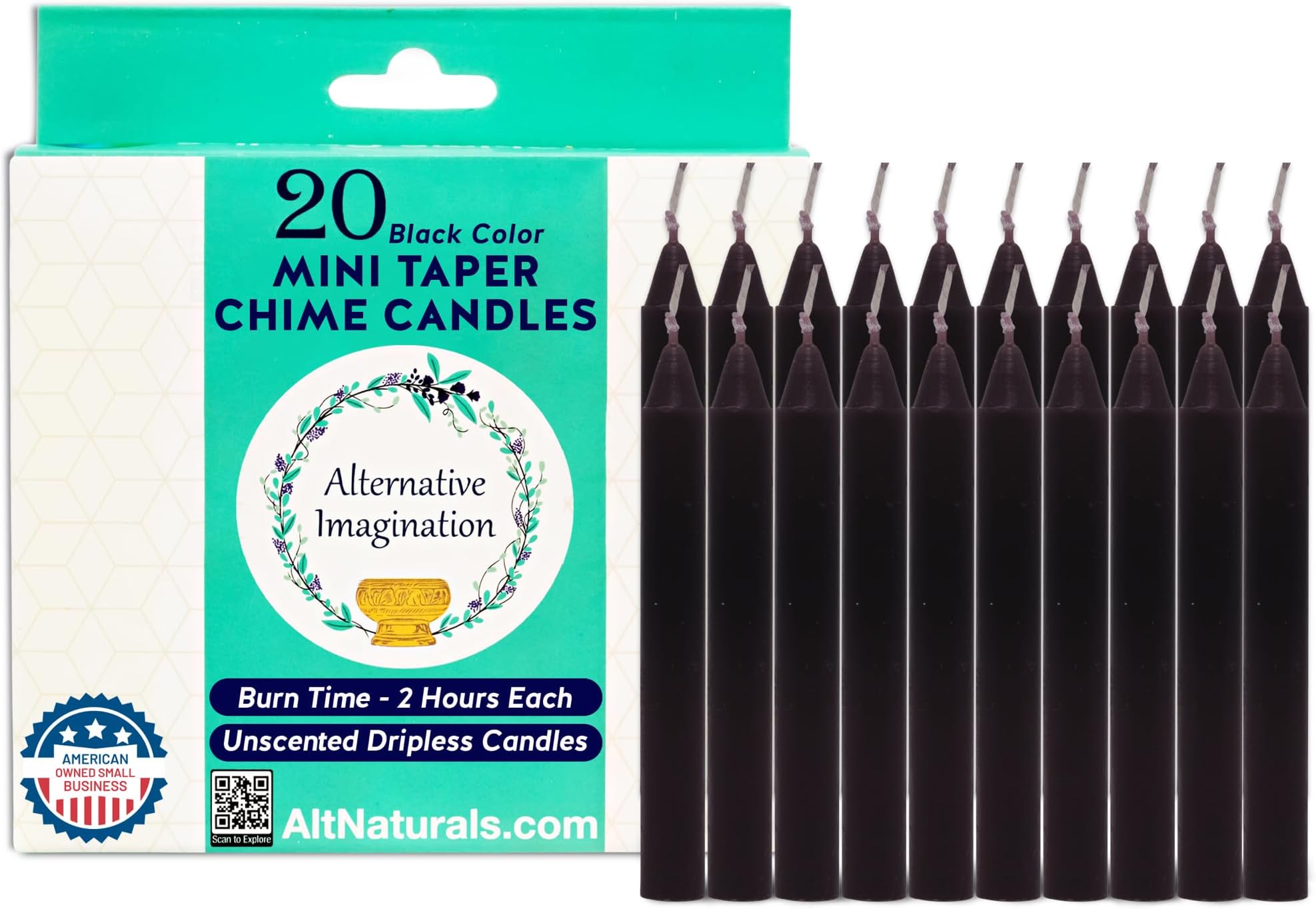 Alternative Imagination Set of 20 Black, Unscented, 4 Inch Tall Chime Candles (Altar, Spell)