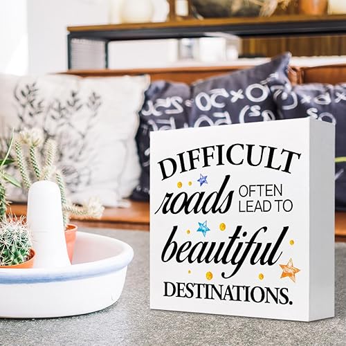 Miniatura 5 de Letrero de madera positiva para decoración de escritorio, caminos difíciles a menudo conducen a hermosos letreros de placa de madera, letrero de