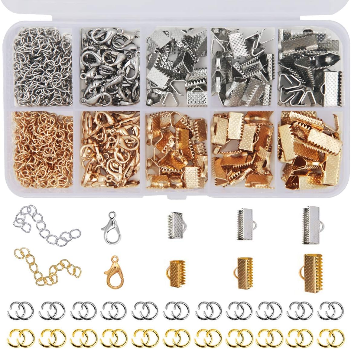 EuTengHao 440Pcs Ribbon Bracelet Kit Bookmark Pinch Crimp Ends Jewelry Findings Supplies Includes Ribbon Ends Crimps Lobster Clasps Open Jump Rings and Chain Extenders (Gold and Silver)