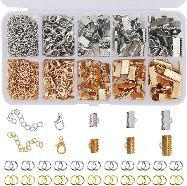EuTengHao 440Pcs Ribbon Bracelet Kit Bookmark Pinch Crimp Ends Jewelry Findings Supplies Includes Ribbon Ends Crimps Lobster Clasps Open Jump Rings and Chain Extenders (Gold and Silver)
