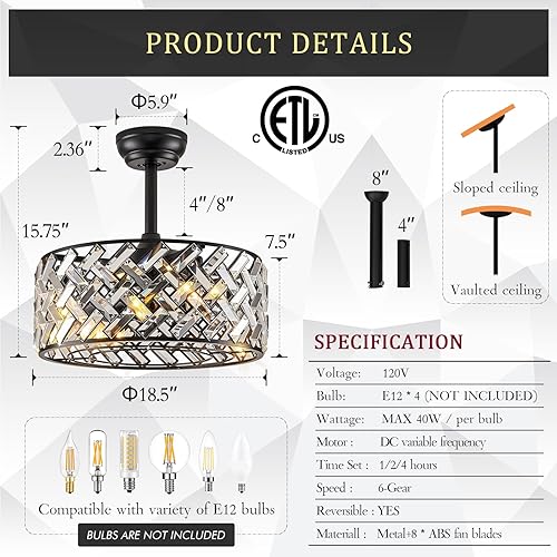 Miniatura 6 de Ventilador de techo con jaula moderno con luz, candelabro de cristal con control remoto, ventilador de techo negro de 18" de montaje empotrado,