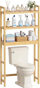SMIBUY Bathroom Storage Shelf, Bamboo Over-The-Toilet Organizer Rack, Freestanding Toilet Space Saver with 3-Tier Adjustable Shelves (Natural)