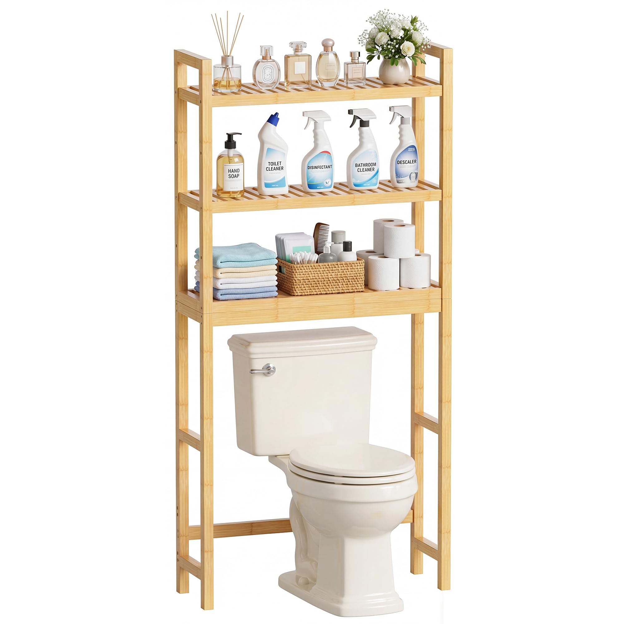 SMIBUY Salle de Bains étagère de Rangement, Bamboo Over-The-Toilet Organisateur Rack, Toilettes autoportant Space Saver avec 3 Niveaux clayettes (Naturel)