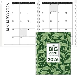 Big Print 2026 Date Calendar Daily Plan Organizer Large Print Calendar 2026 for People with Visually Impaired, Low Vision and Seniors(Green,Leaf)