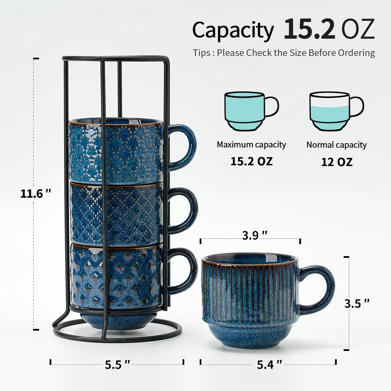 Duży zestaw 4 ceramicznych kubków do kawy ze stojakiem, 450 ml, możliwość układania w stos, różne tłoczenia, prążkowane kubki do latte, do cappuccino, herbaty, gorącego kakao, napojów,