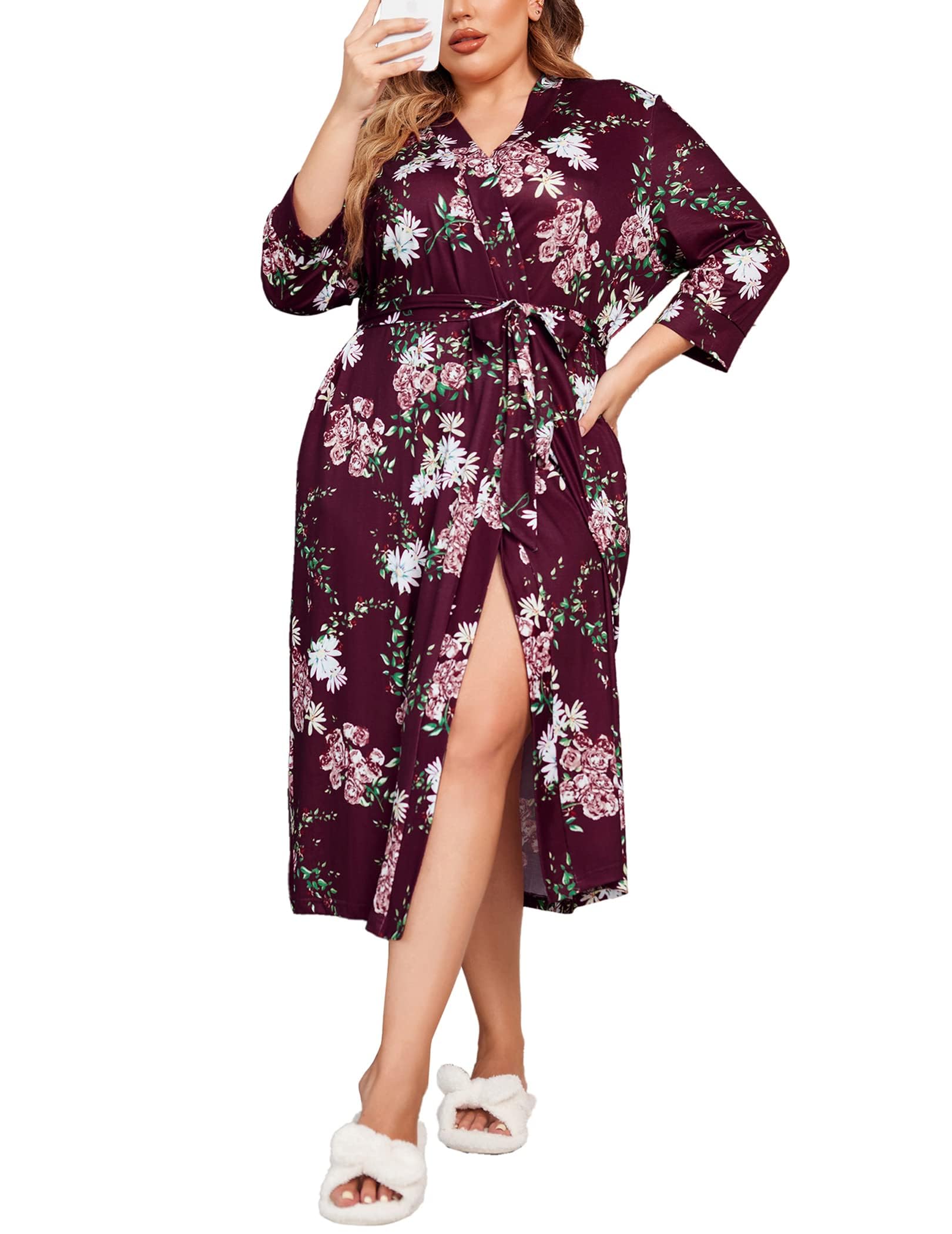 IN'VOLAND Womens Plus Size Kimono Robes Long Knit Bathrobe V Neck Ladies Loungewear Lightweight Soft Sleepwear 1X-5X