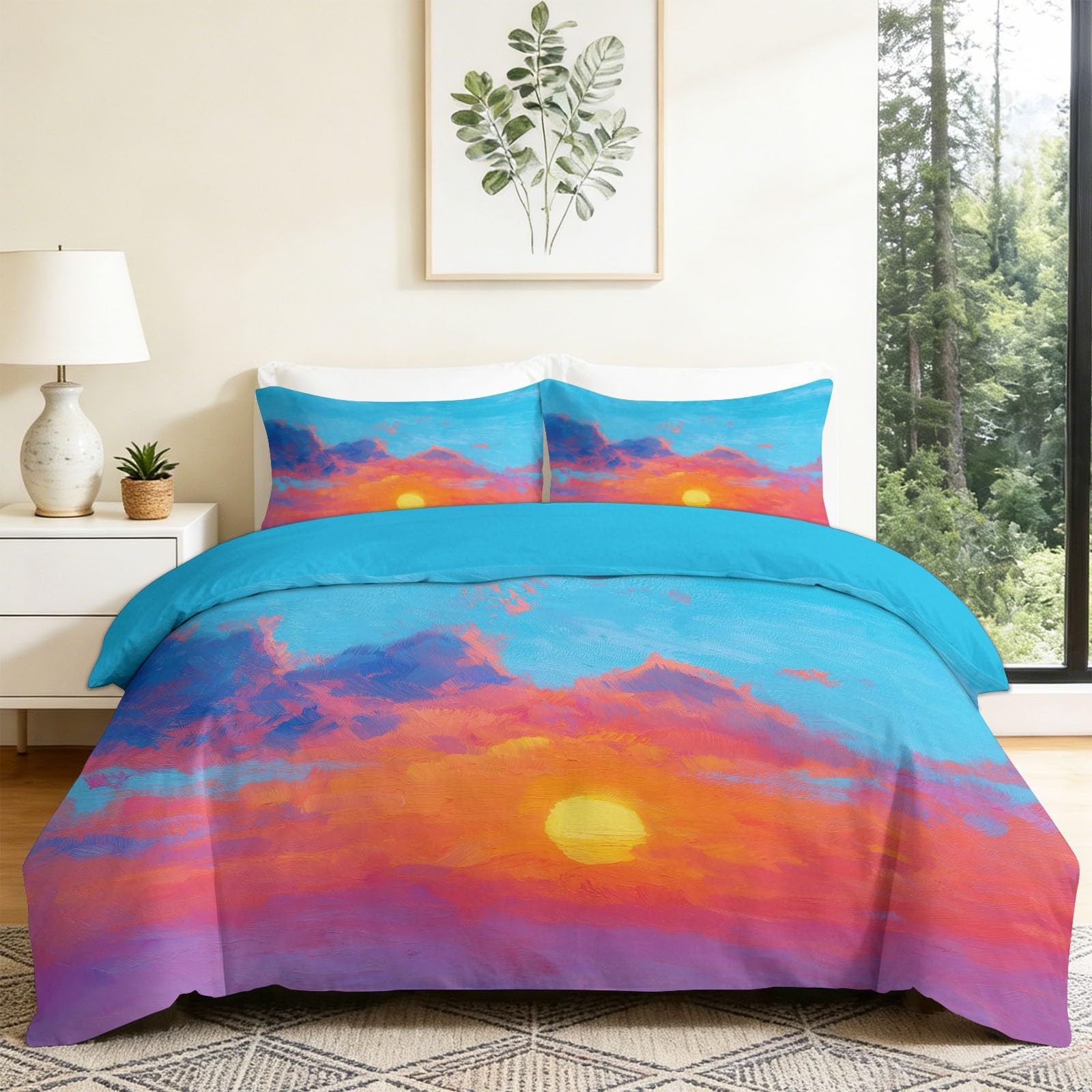 Housse de couette en microfibre haut de gamme motif coucher de soleil bleu abstrait