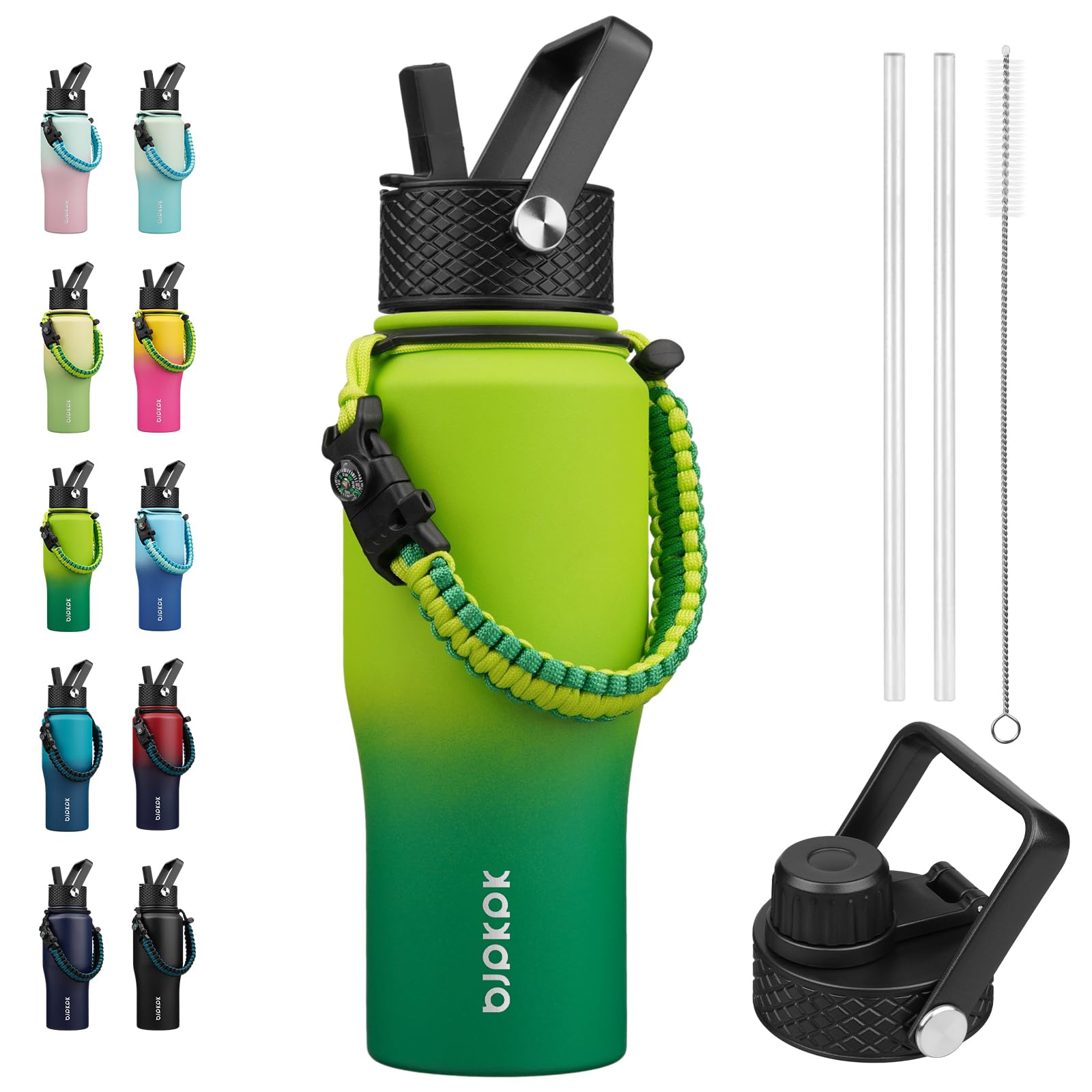 BJPKPK Insulated Water Bottles with Straw Lid, 23oz Metal Water Bottle with 2 lids & Paracord Strap, Double Wall Stainless Steel Vacuum Tumblers, Cups