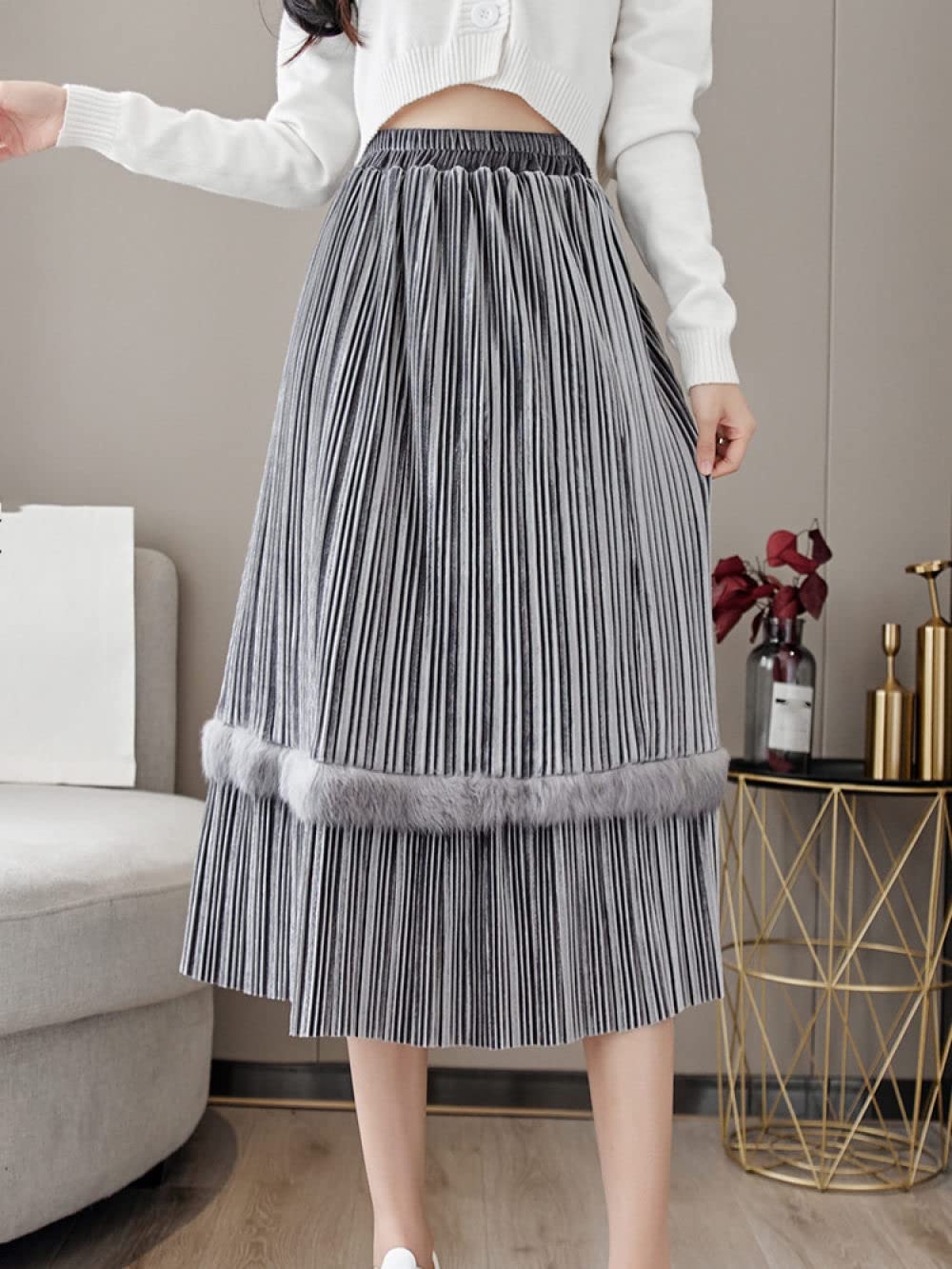 Faldas De Invierno para Mujer, Faldas Plisadas Grises De Terciopelo Dorado para Mujer, Falda Midi De Talle Alto con Cintura Elástica, Falda De Invierno, Faldas