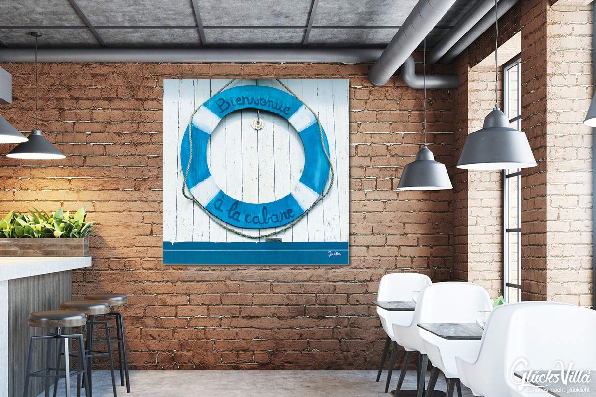 Glücksvilla - Bienvenue - (Leinwand-Bild 2 cm, 100 x 100 cm) | div. Maße - aus DE - Kunstdruck XXL Deko Wandbild Quadrat - Rettungsring Frankreich Fischer-Hütte maritim
