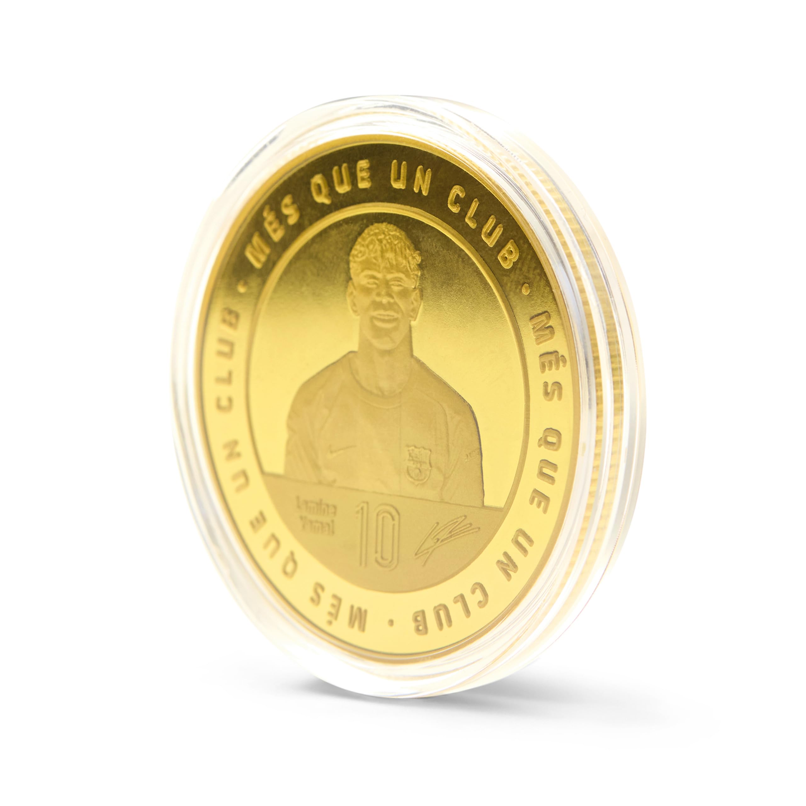 FC Barcelona - Moneda edición Especial con Escudo y Retrato en Relieve de Lamine Yamal, acompañado del número 10 y su Firma grabada - Coleccionable - Dorada - Producto Oficial