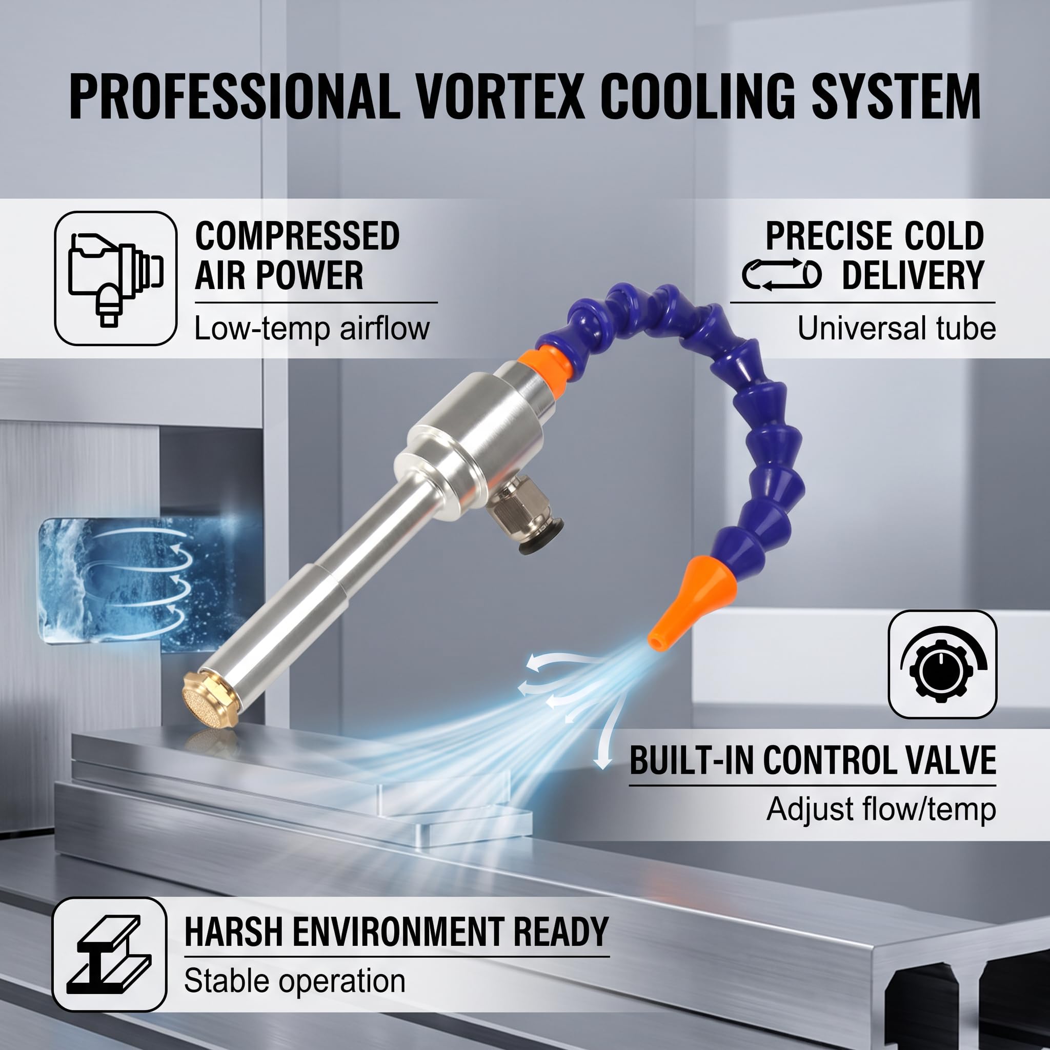 Mini Vortex Kaltlufttrockenkühlpistole mit flexiblem Schlauch, für schnelle lokale Kühlung, maschinelle Trocknung oder Kühlung