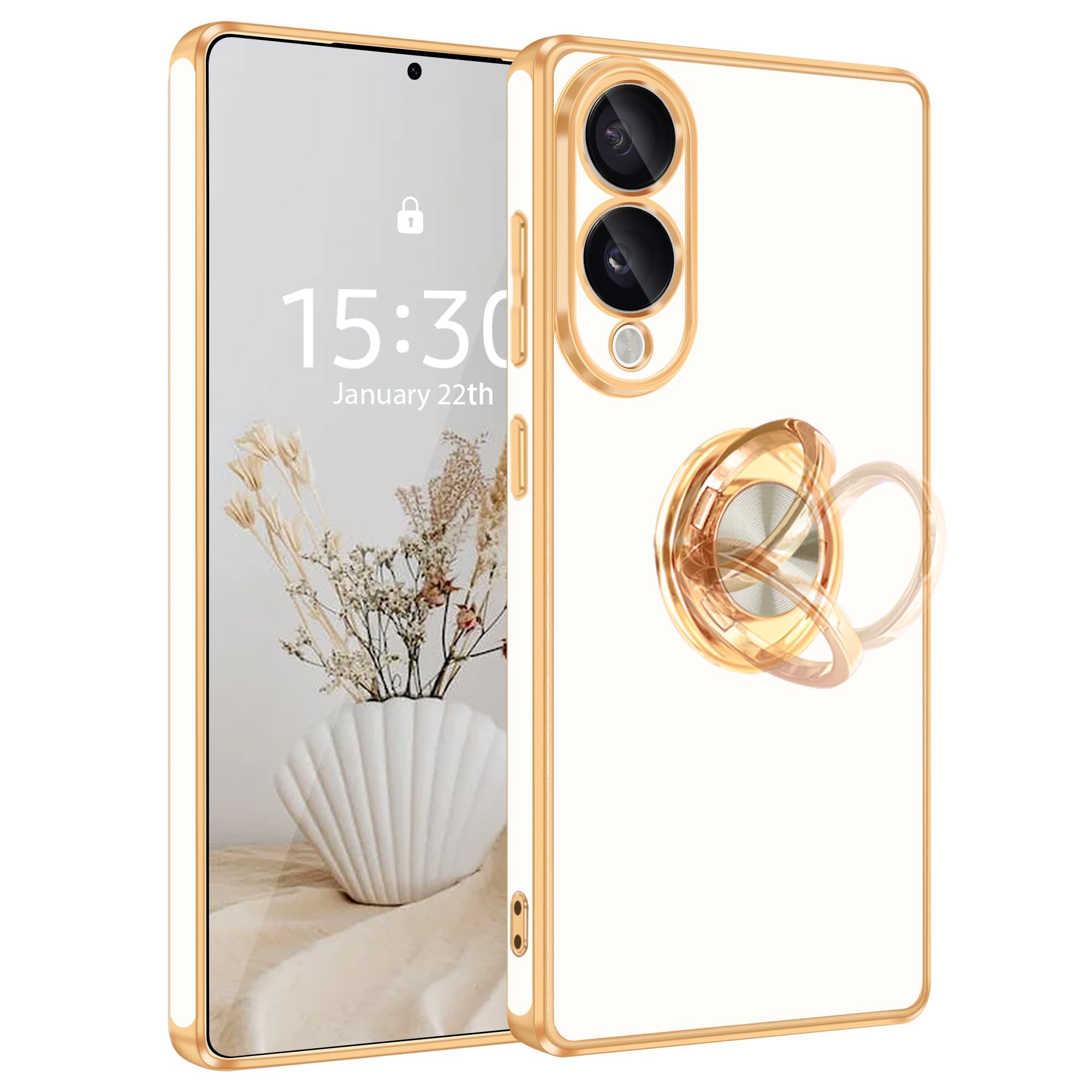 Photo 1 of Fingic for Galaxy S25 Edge Case[with 360°Rotatable Ring Holder] Support Magnetic Car Mount Shiny Plating Gold Slim Thin Soft TPU Rugged Bumper Anti-Scratch Case for Galaxy S25 Edge for Girl Boy,White