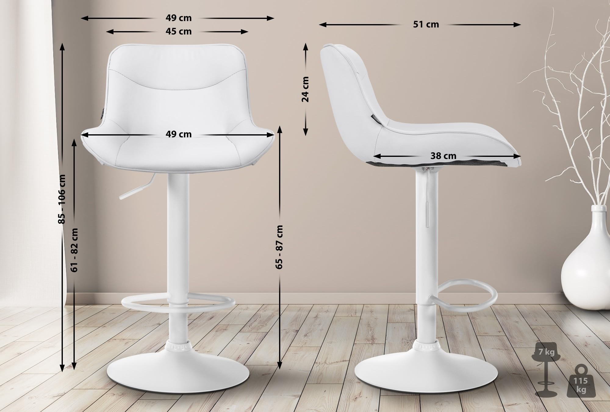 2 Tabourets De Bar Réglables Baroni Home - Similicuir Blanc, Dossier Ergo, Repose-pieds, Pivotants 360°