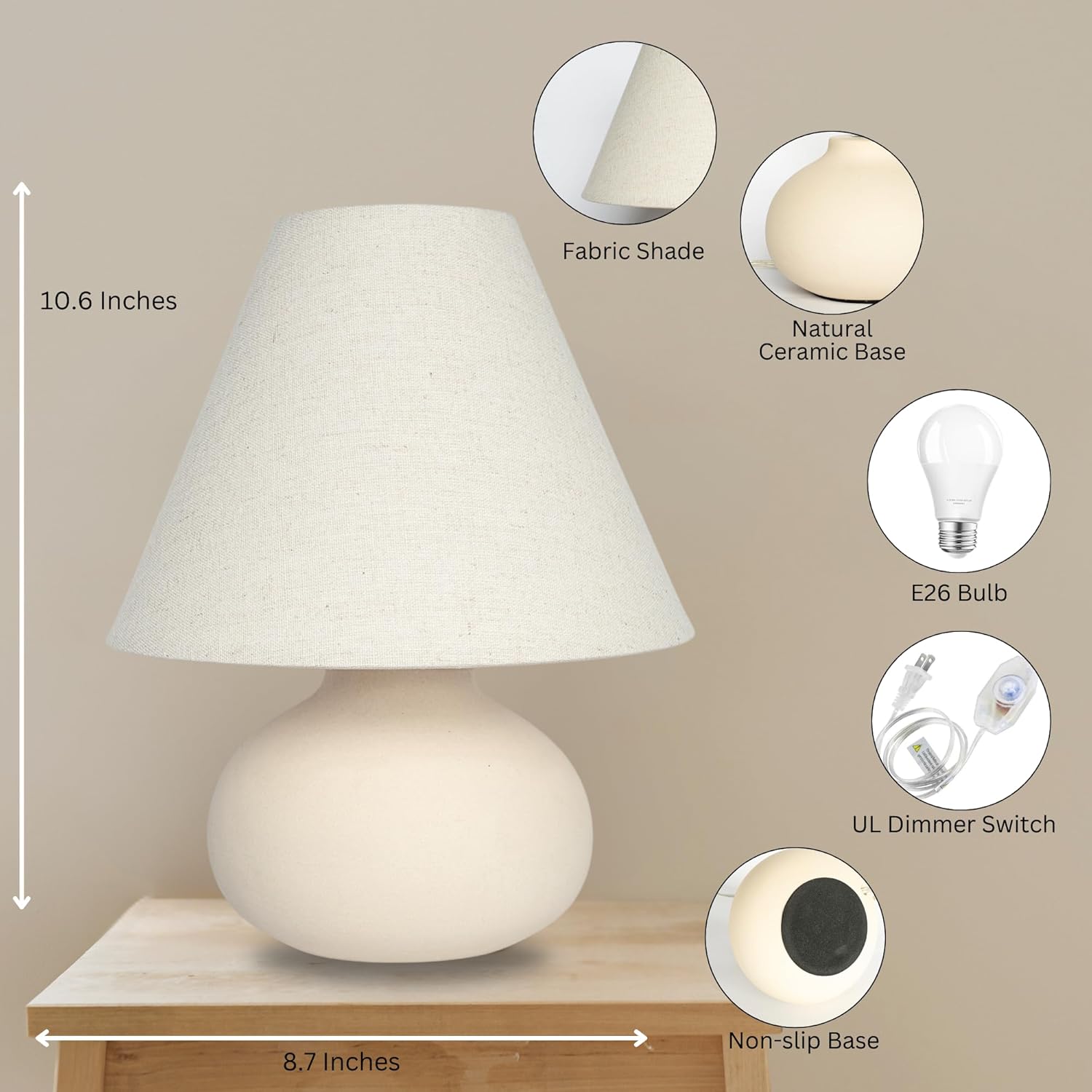 11" Small Table Lamp – Handmade Round Ceramic Cream Base with Off-White Fabric Shade, Dimmable Plug-in Nightstand or Accent Light – Organic Boho Japandi Decor for Bedroom or Small Spaces