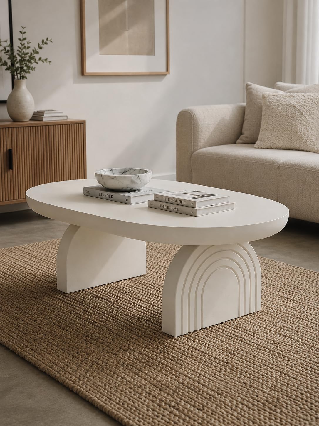Greenseal ArcAura Coffee Table,Oval Solid Mango Wood Coffee Table with Arch Base for Living Room,Centre Table,Honey Brown Finish,44x29x16 inch (Off White)-image-47