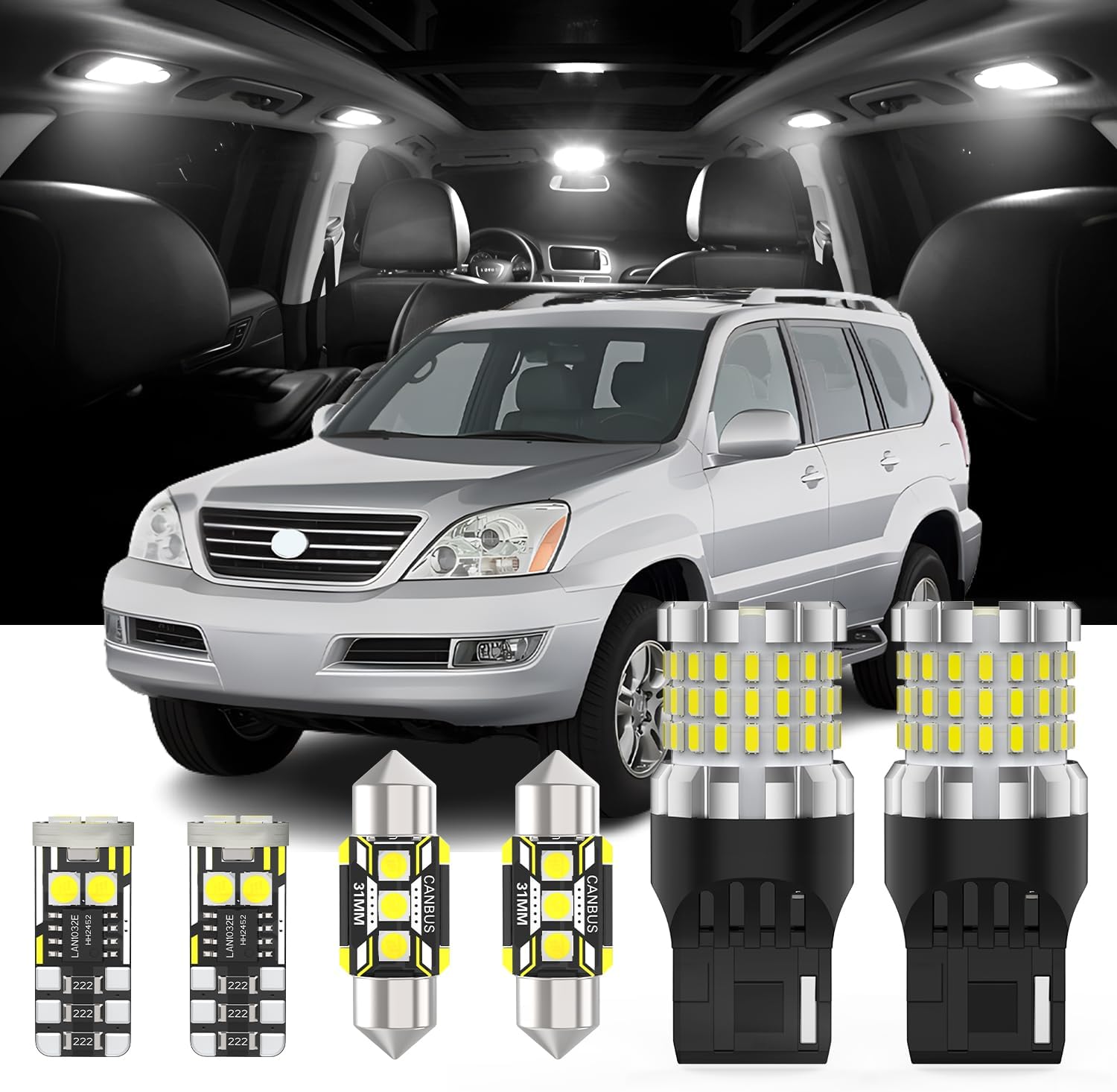 AENVTOL 20 Pieces Interior LED Lights Kit + Back Up Reverse Lights for Lexus GX470 2003-2009 Toyota Land Cruiser Prado 120 2003-2009 White Interior Bulbs Package + License Plate Lights, Install Tool