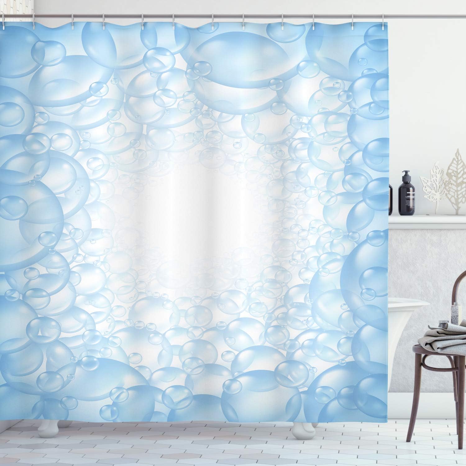 Ambesonne Cartoon Shower Curtain, Bubble Bath Soap Suds Floating Circular Foam Spheres Aquatic Artwork Print, Cloth Fabric Bathroom Decor Set with Hooks, 69" W x 70" L, Blue and White