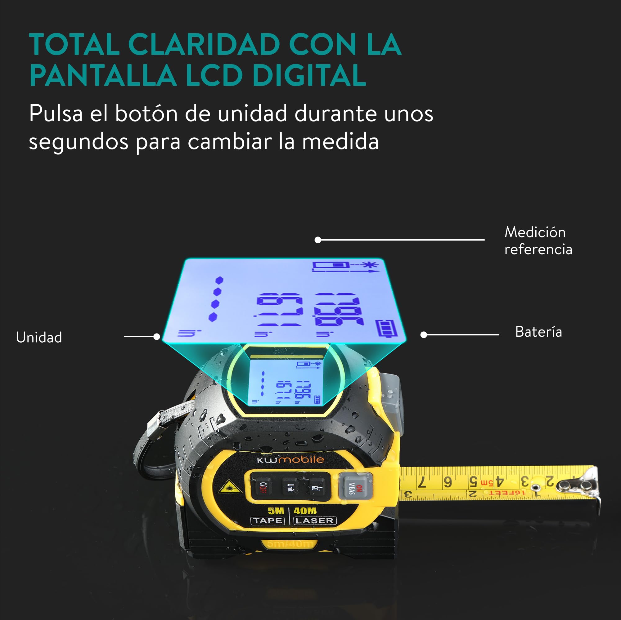 kwmobile Cinta Metrica Digital 3en1 - Medidor Laser Distancia 40m con Cinta Métrica 5m - Para Distancia Area Volumen y Medición Pitagorica - Metro Laser con Pulgadas Pies y Metro