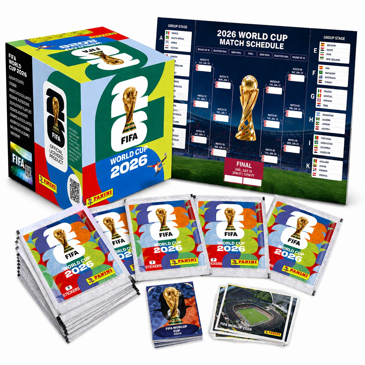 Set de iniciación XXL Fan Mundial 2026 – Pegatinas originales de Panini, 1 plan de juego (50 bolsas/350 pegatinas individuales)
