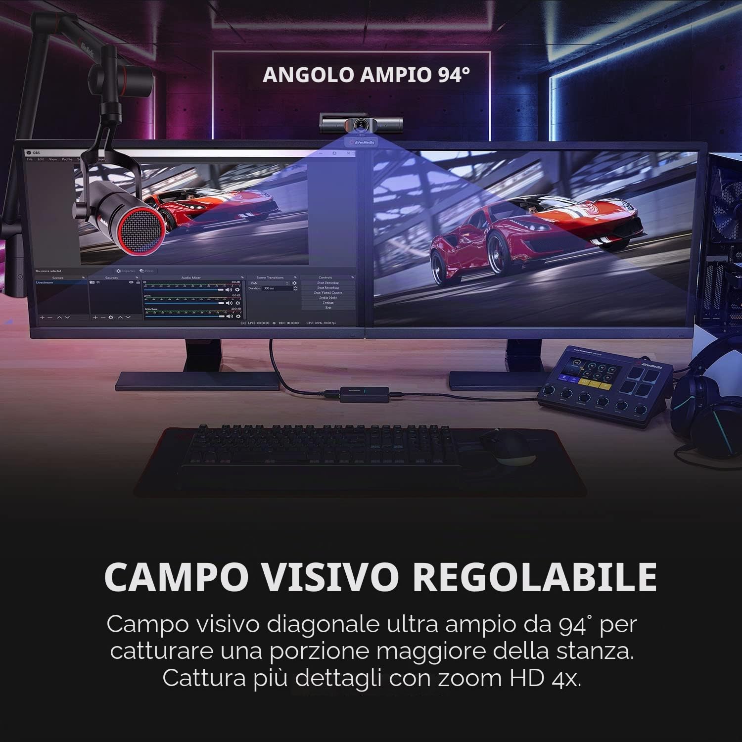 AVerMedia Live Streamer CAM 513, Webcam Ultra Wide Angle 4K con Cover, Microphone, Plug & Play, Gaming, Stream, Video Call, Works with Skype, Zoom, OBS, XSplit, PC/Laptop PW513, Nero