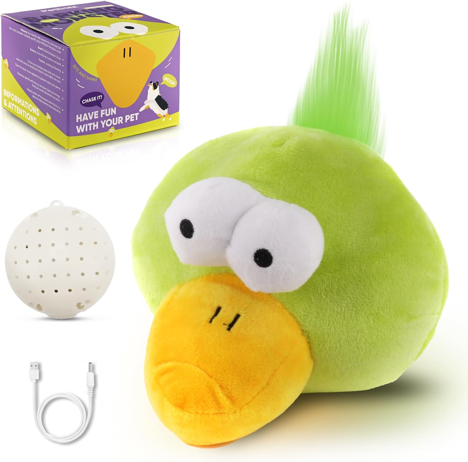 PetbobiInteractive Dog Toys, Upgrade Plush Monster Dog Toy Squeaky Crazy Bouncer Ball USB Rechargeable for Small and Medium Puppy to Self Play, Birds Bobby