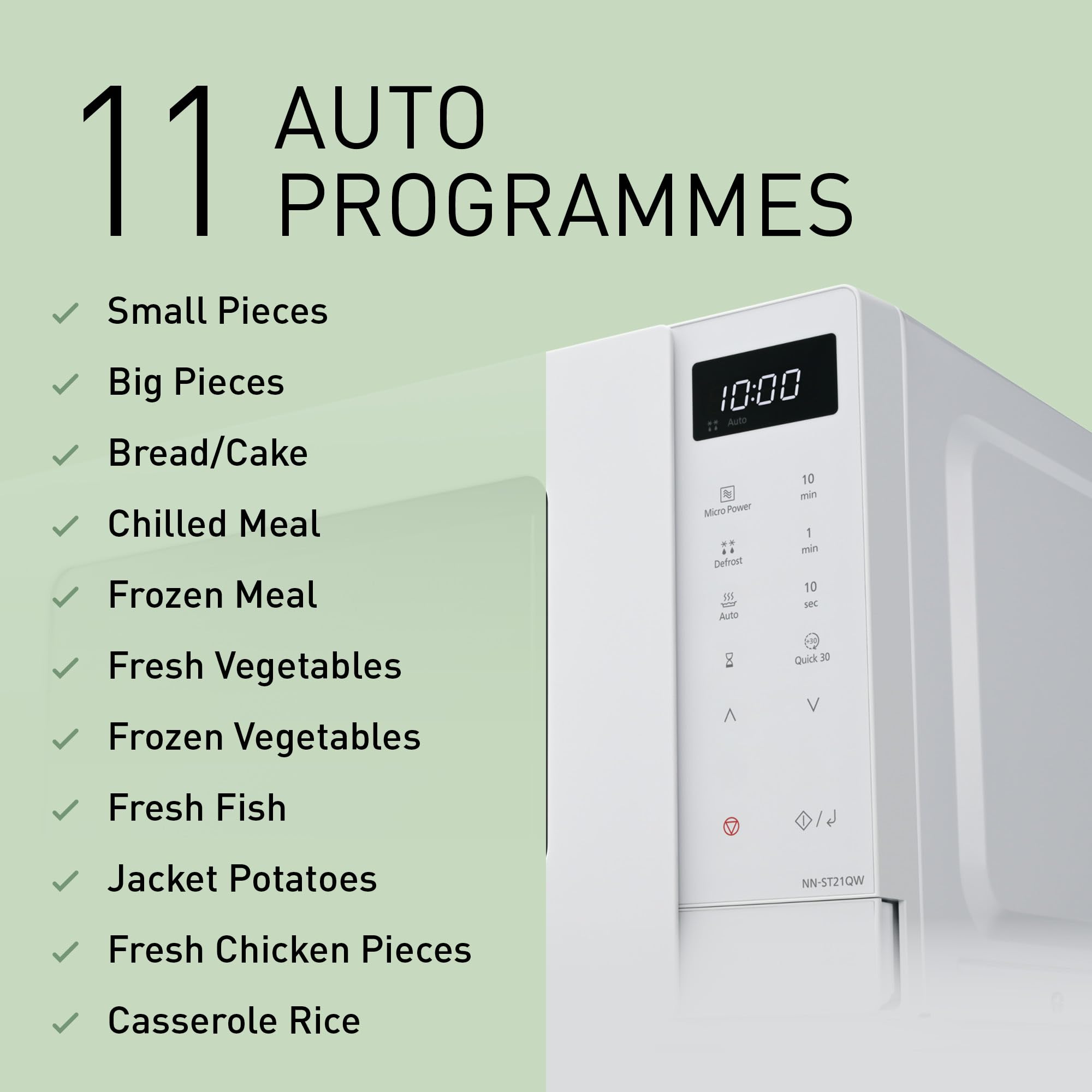 Panasonic NN-ST21QWEPG Tylko kuchenka mikrofalowa 20 l ze szklanym naczyniem, 800 W, automatyczne rozmrażanie, 11 programów automatycznych, wyświetlacz LED, 5 ustawień zasilania, cyfrowy timer, biały