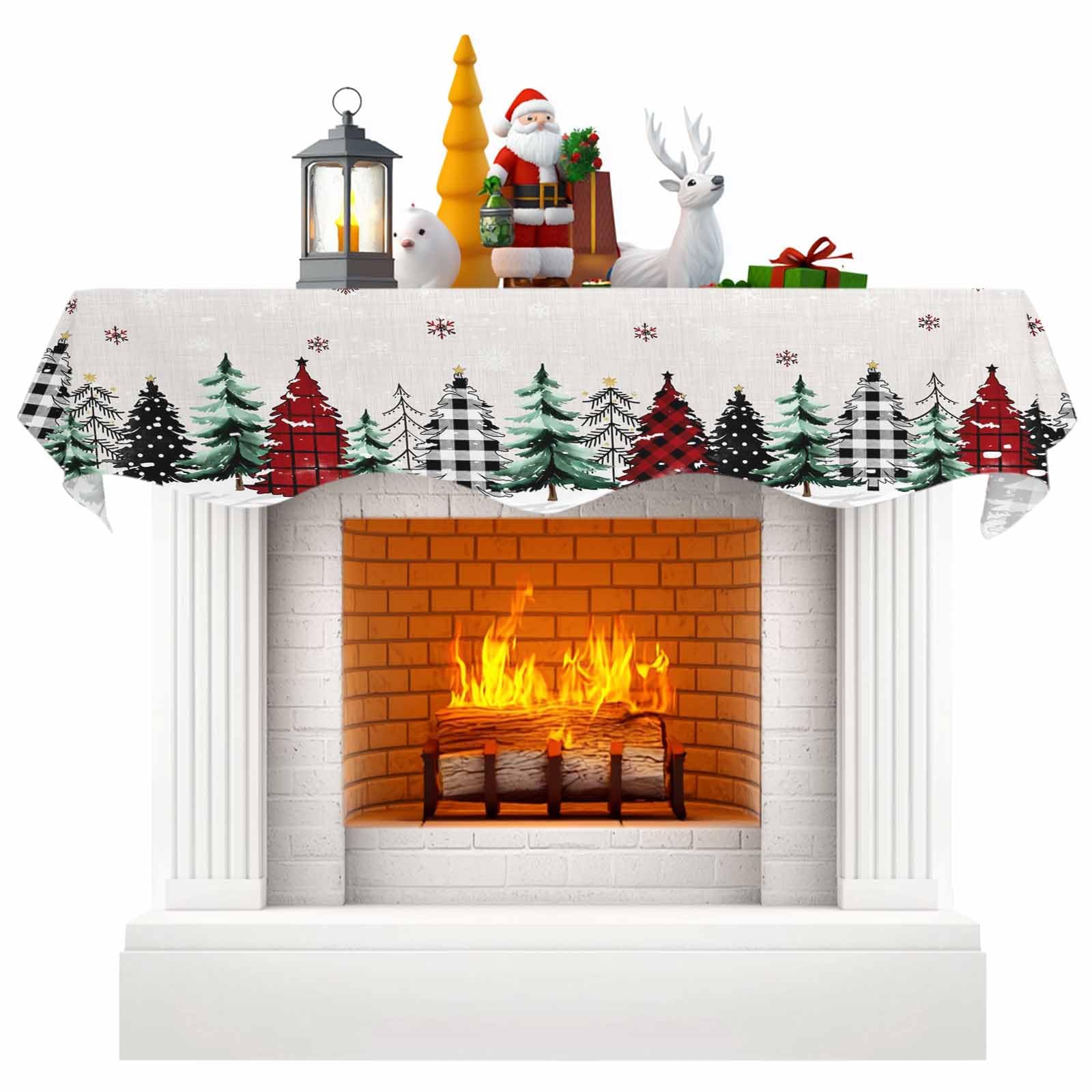 Christmas Tree Mantel Scarf Fireplace Decorations for Living Room, Green Red Black Xmas Tree Rustic Snowflake Fireplace Mantel Scarf Cover Runner for