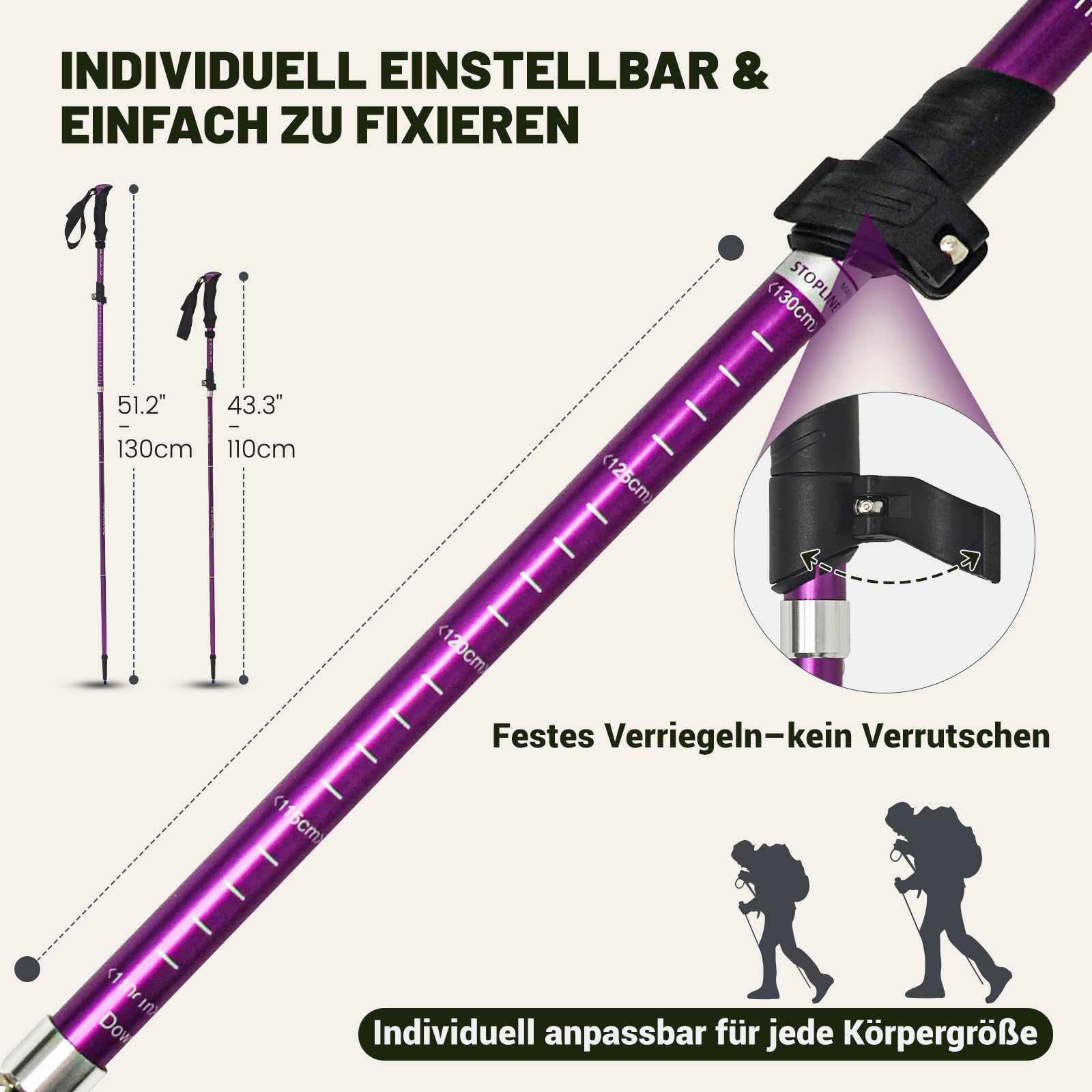 Bâtons de marche nordique pour homme et femme - 2 bâtons de randonnée télescopiques pliables et réglables de 110 à 130 cm - Bâtons de marche de qualité supérieure en aluminium avec 3 paires de tampons