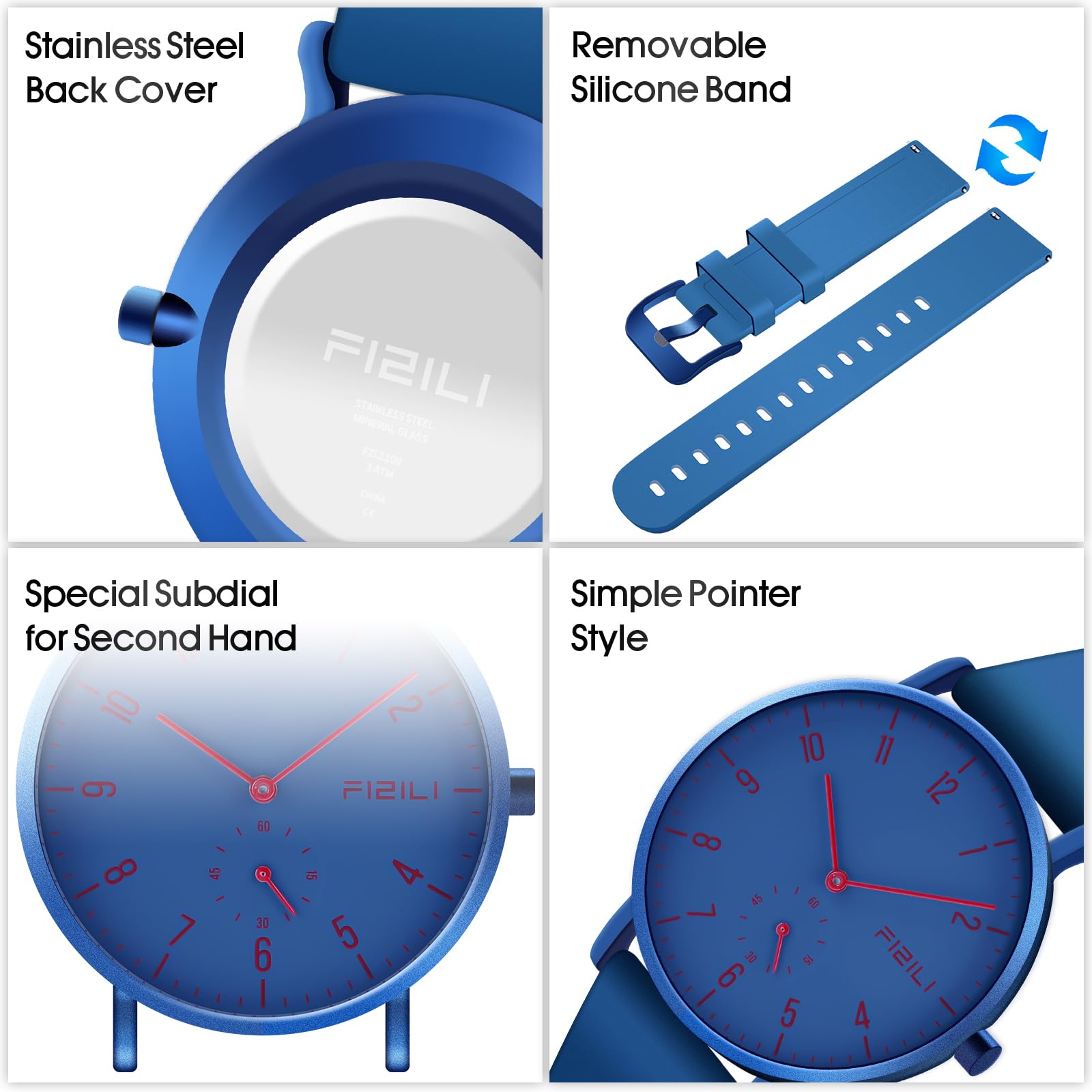 Orologio da polso da uomo, ultra sottile, minimalista, impermeabile, alla moda, per uomo o donna, con cinturino in silicone, 1100, blu e rosso