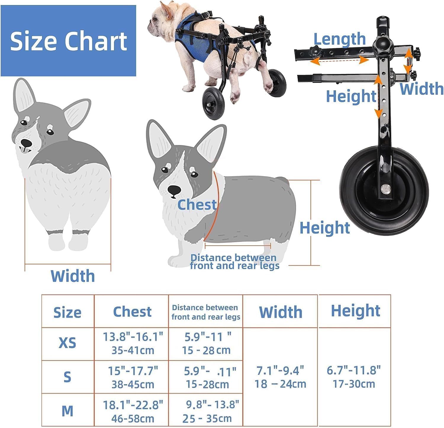 Fauteuil roulant pour chien handicapé, aide pour chien handicapé, poussette légère et réglable, convient aux chiens de petite et moyenne taille (dernier modèle) (bleu-S)