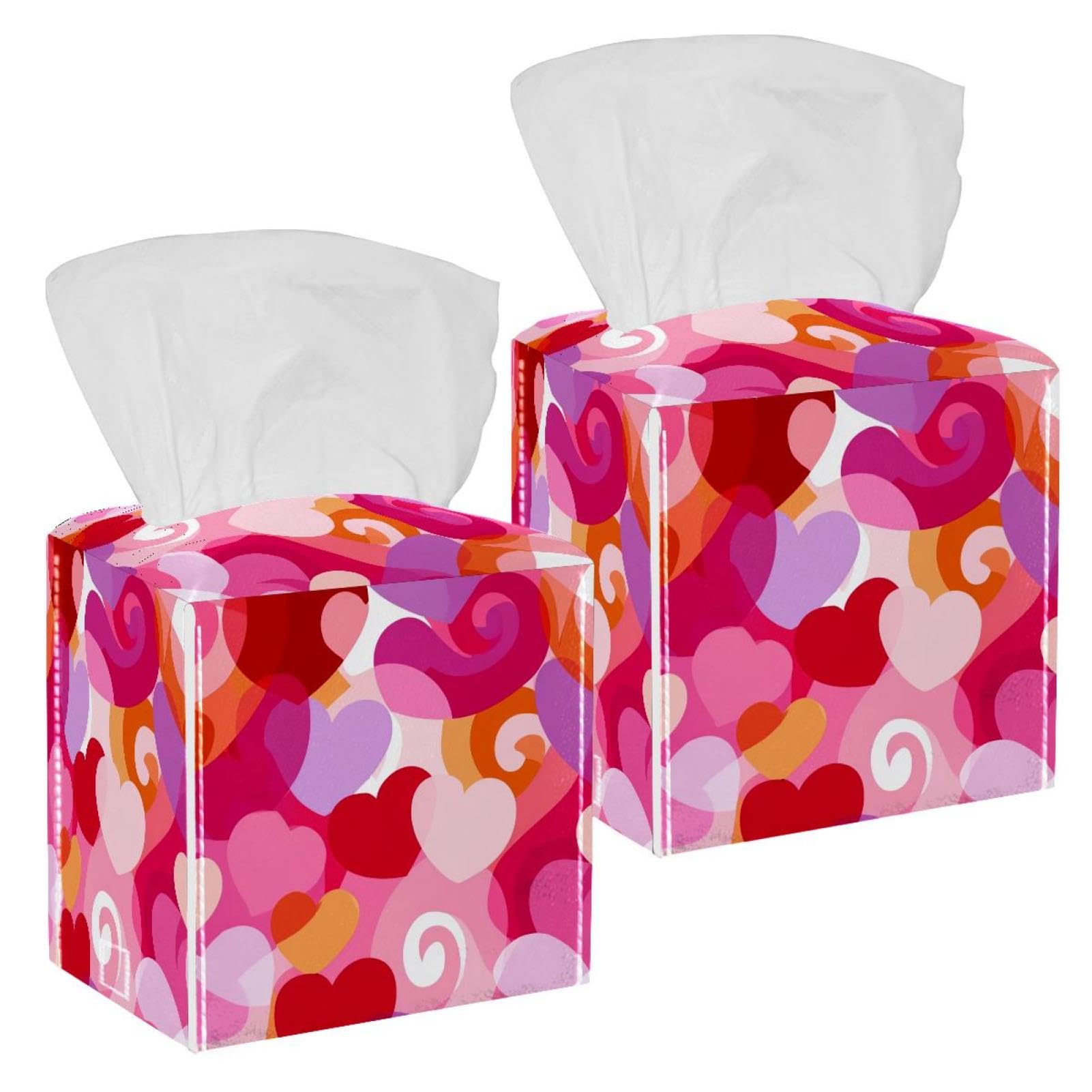 Love Hearts Tissue Box Cover, 2 Pack PU Leather Square Facial Tissue Dispenser Box holder for Home Office Car