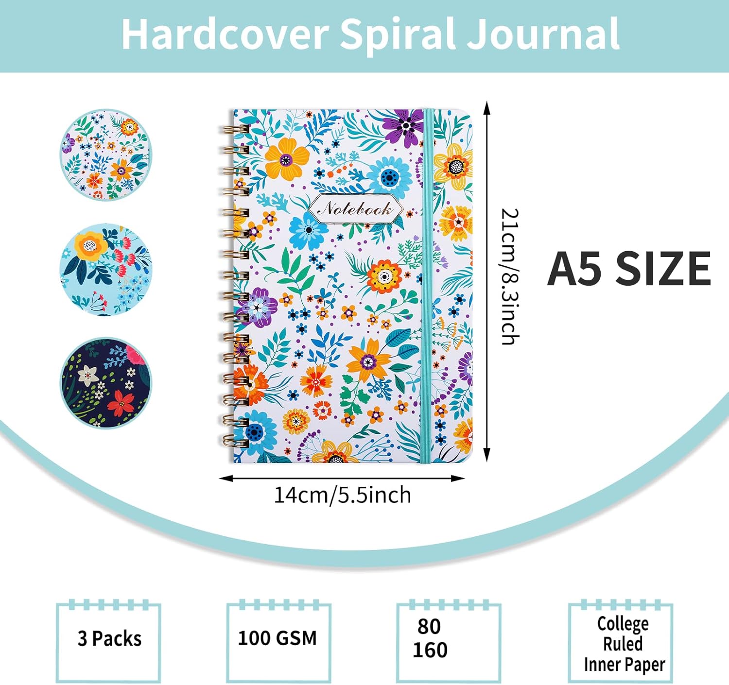 EOOUT 3 Pack Spiral Notebook, Journal for Women, Hardcover Spiral Journal, 5.5 x 8.3 Inches, 160 Pages, Cute Blooming Floral, Back Pocket, 100gsm Paper, for Gifts, Work, Office and School Supplies EOOUT 3 Pack Spiral Notebook, Journal for Women, Hardcover Spiral Journal, 5.5 x 8.3 Inches, 160 Pages, Cute Blooming Floral, Back Pocket, 100gsm Paper, for Gifts, Work, Office and School Supplies