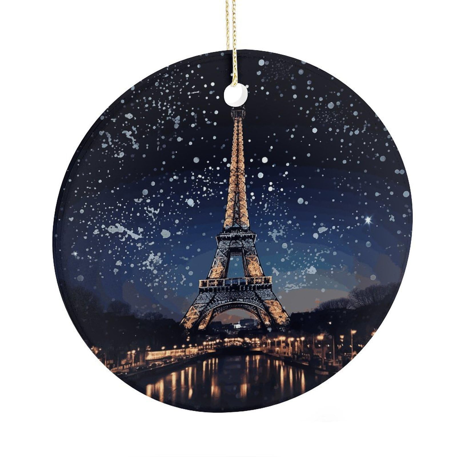 Fekiloot Style Night Paris Eiffel Tower Christmas Ornaments 2.9 Inch Round Ceramic Ornament Keepsake Thank You Gifts For Office, Room, Home - Holiday Present Ideas