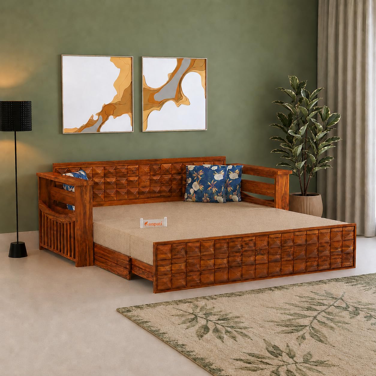 Ganpati Arts Solid Sheesham Wood Diamond 3 Seater Sofa Cum Bed with Storage and Side Pockets for Living Room Wooden Furniture Sofa Bed for Home - Natural Finish 1 Year Warranty, Beige, 3-Person Sofa